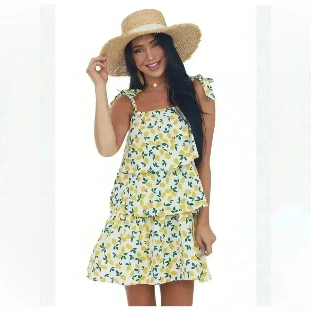 Lush Off White Lemon Print Ruffle Tiered Mini Dress Sz Small - Picture 4 of 16